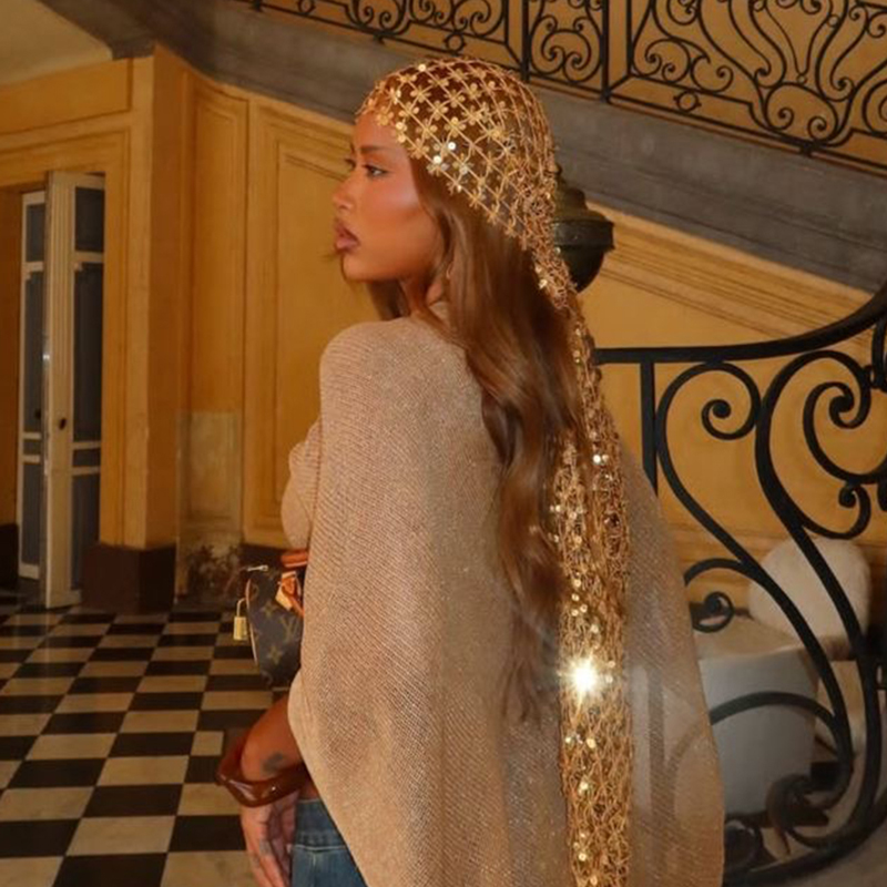 Ethnic Fashion Design - Бохо-шарф с пайетками и сеткой, золотисто-черный,